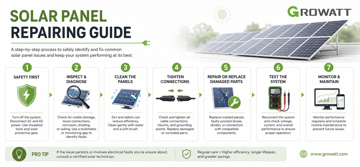 Solar panel repairing guide in several steps